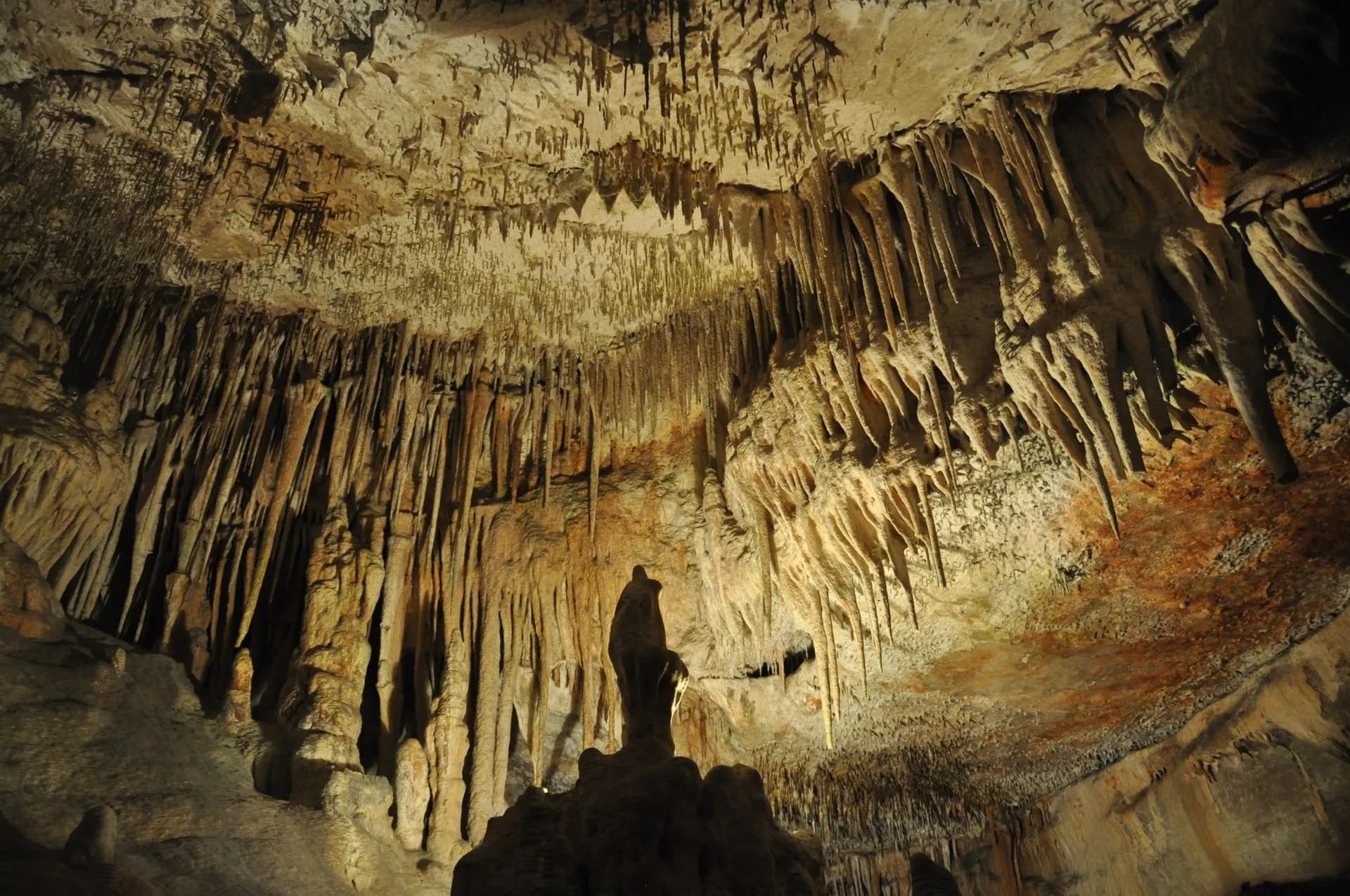 Estalactitas iluminadas reflejadas en el lago subterráneo Martel dentro de las Cuevas del Drach, Mallorca