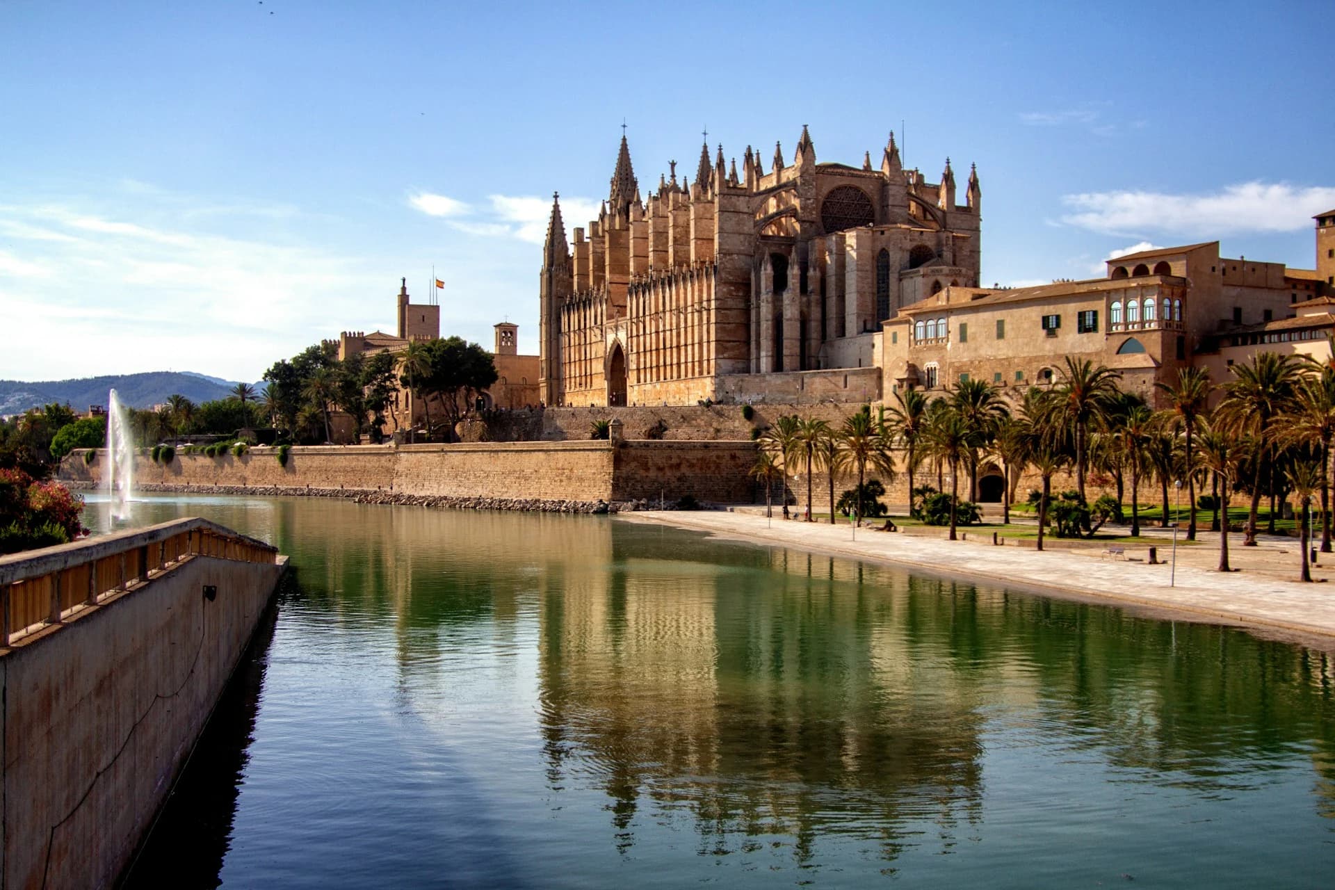 Palma's old town and cathedral lit with Christmas lights on a cool, festive December evening