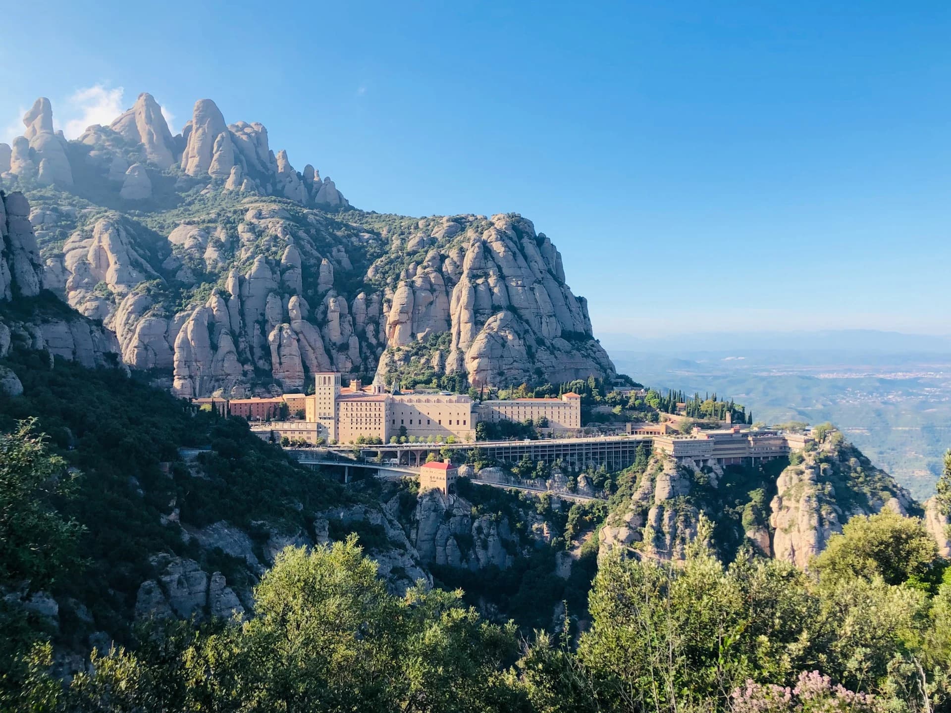 Montserrat monastery set against the serrated rock pinnacles of the mountain above Barcelona
